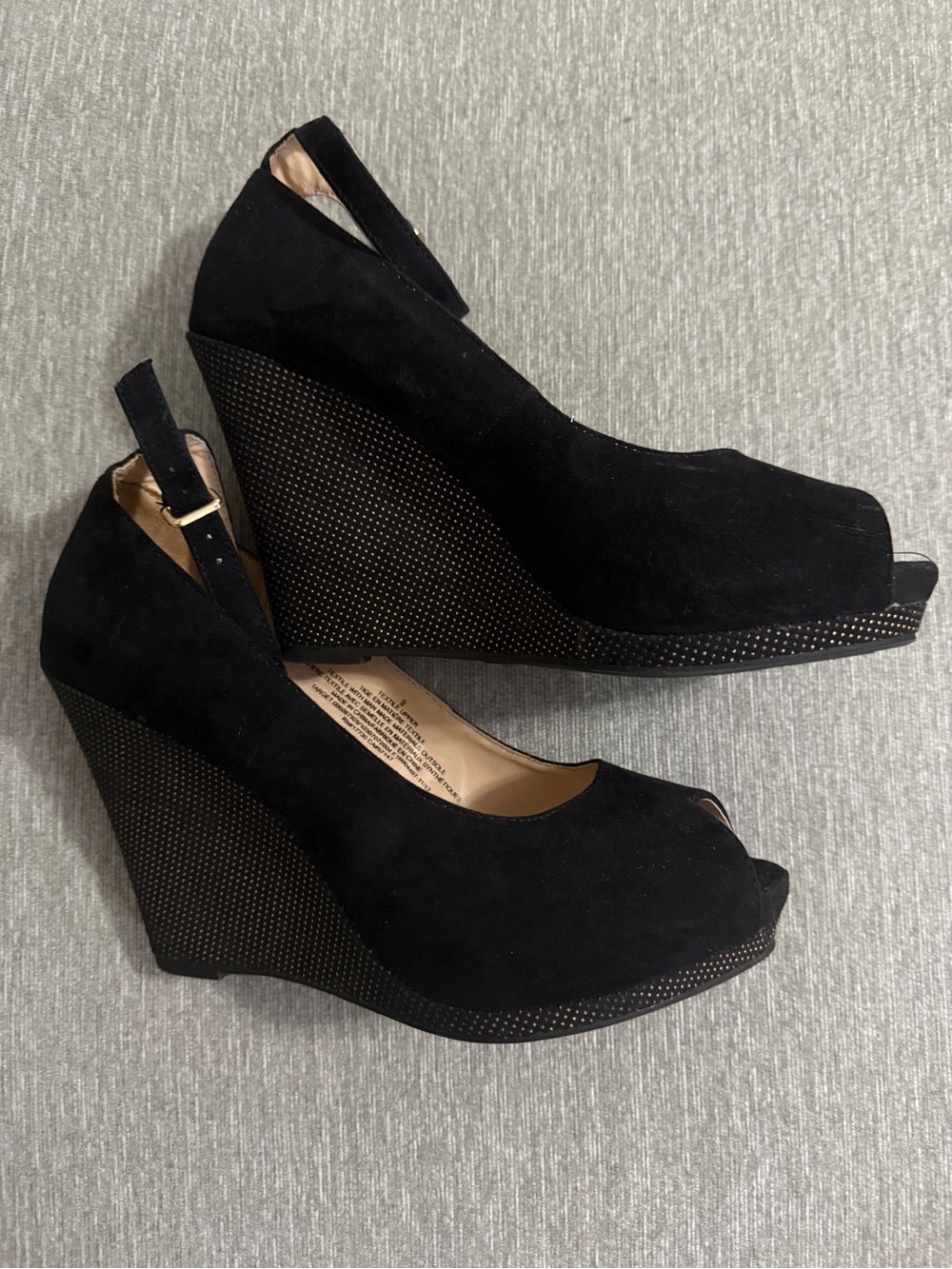 Mossimo Black Suede Peep-Toe Wedge Sandals with Gold Micro Dot Heel Accent -Sz 9